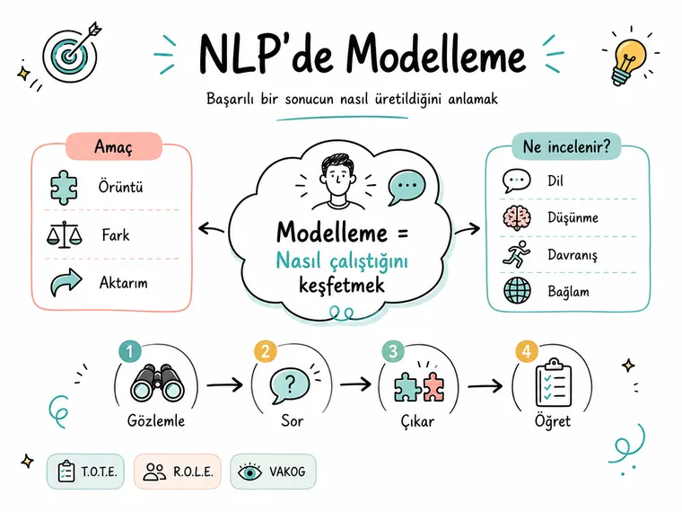 NLP’de modelleme sürecini; gözlemleme, soru sorma, örüntü çıkarma ve öğretme adımlarıyla gösteren açıklayıcı şema