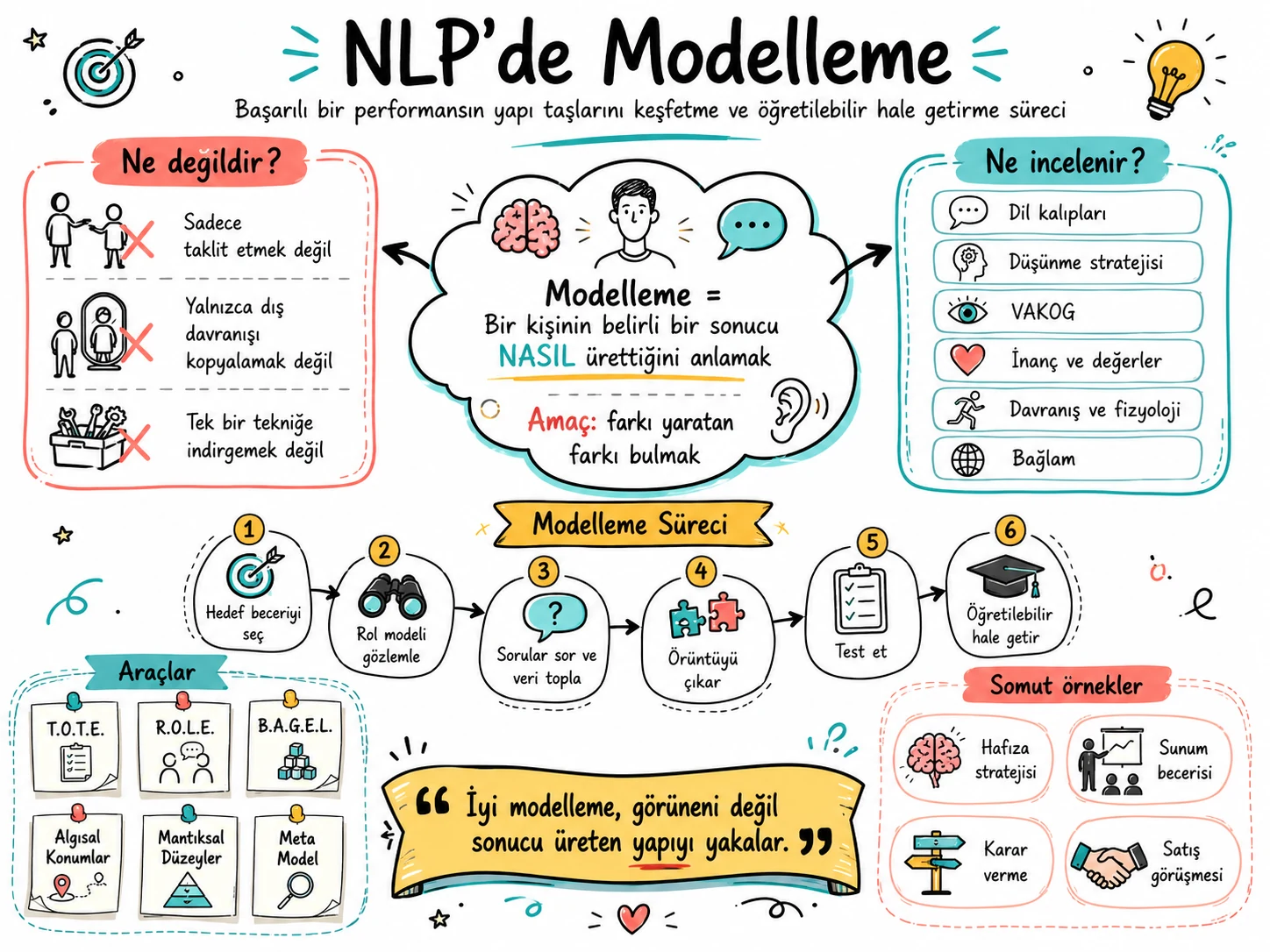 NLP modelleme sürecinde hedef beceriyi seçme, gözlemleme, soru sorma, örüntü çıkarma, test etme ve öğretilebilir hale getirme adımlarını gösteren ayrıntılı şema