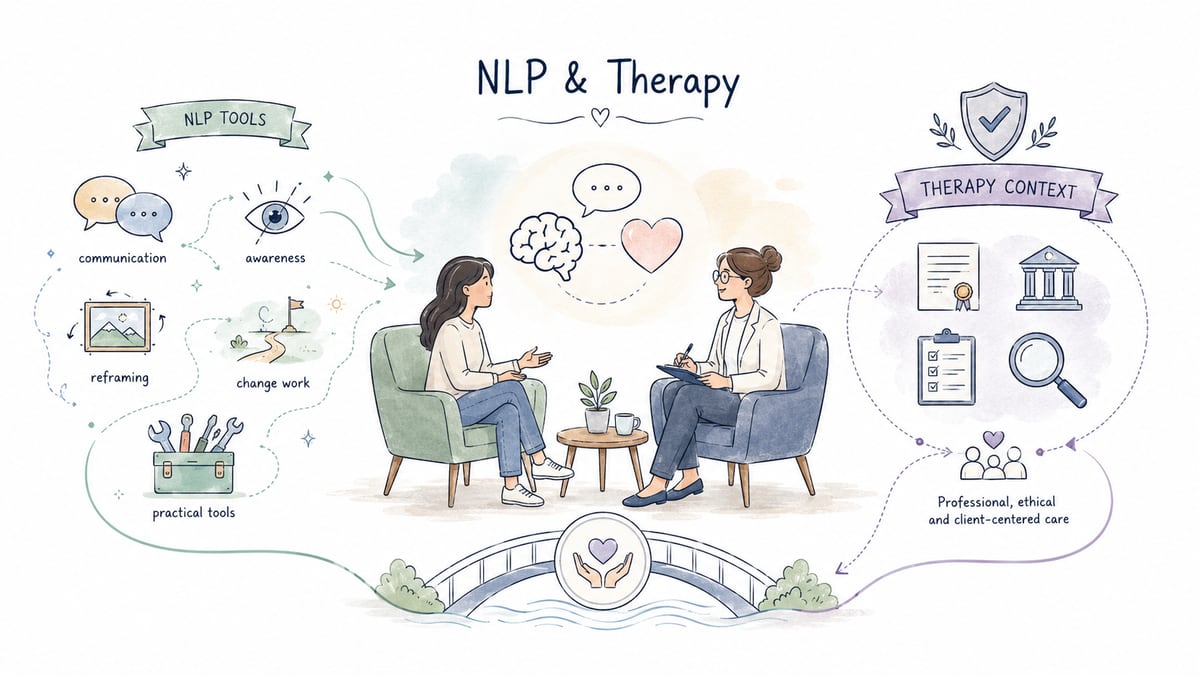 NLP araçları ile profesyonel terapi bağlamı arasındaki etik ve yasal sınırları anlatan modern doodle tarzı terapi görseli